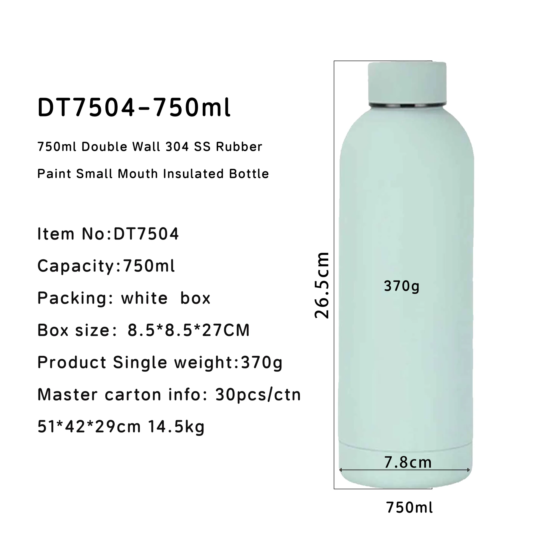 DT7504--750ml Double Wall 304 SS Rubber Paint Small Mouth Insulated Bottle